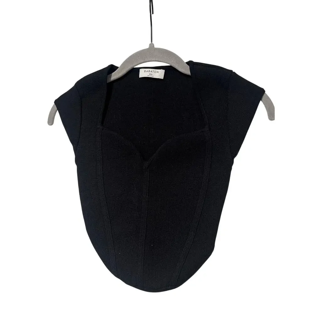 Babaton Aritzia Black Knit Sweetheart Cap Sleeve Top Women’s 2XS Fitted - Picture 2 of 7
